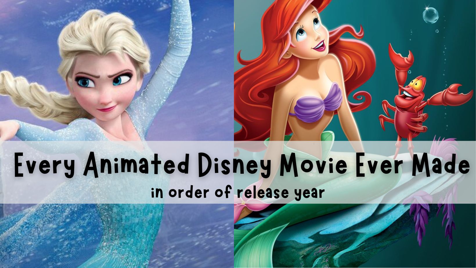 image from Disneys "the little mermaid" and "frozen". text "every animated disney movies ever made in order of release year"