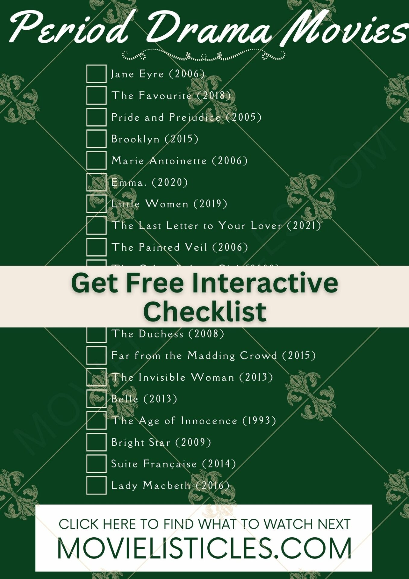 Period Drama Movies Like Bridgerton Checklist