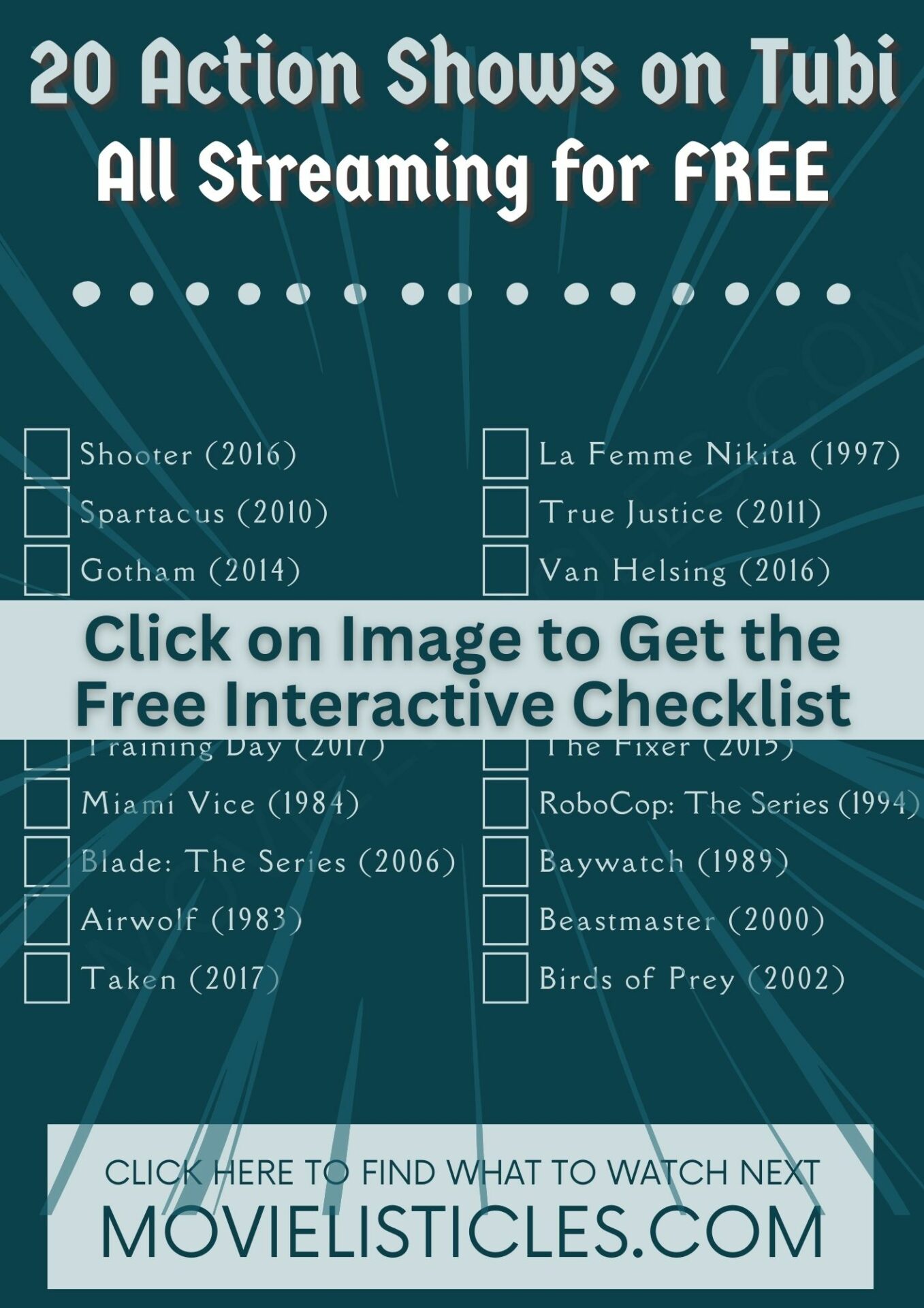 Action Shows to Stream Free on Tubi Checklist